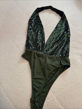 Forever 21 Green Sequin Halter Bodysuit